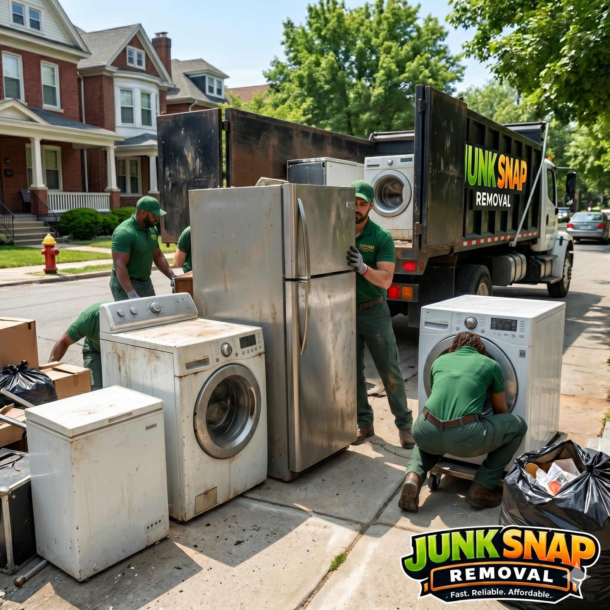 Junk Snap crew loading old appliances (washer, dryer, refrigerator) into the truck on a Northern Virginia residential street